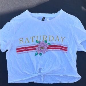 H&M Saturday Floral Tie-Front Graphic Tee - White with Pink Flower, Large